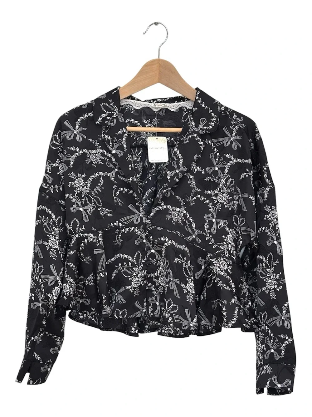 Free People Beauty Sleep Satin Pajama Top Floral Bow Print Black Small New